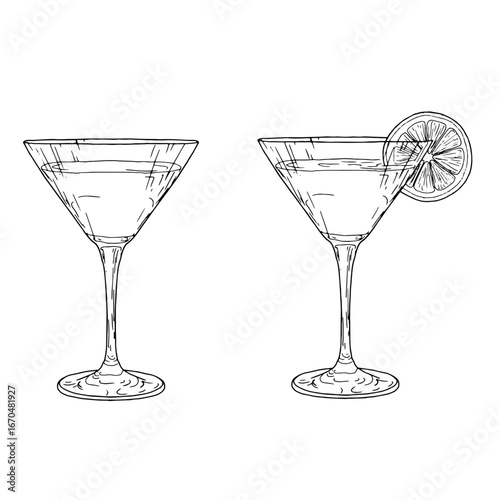 Cocktail in an elegant glass on a thin stem, black and white sketch. Vector illustration. Classic alcoholic drink, silhouette set isolated on white background. Lemon slice on a glass