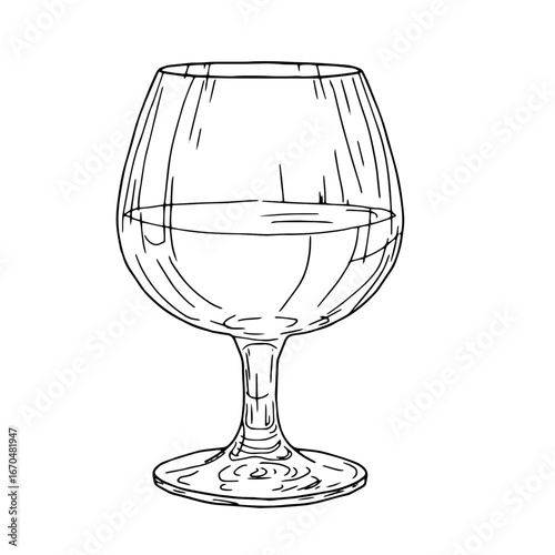Elegant glass of cognac, black and white sketch. Vector illustration. Classic alcoholic drink, isolated on white background. Glass of whiskey or rum, printable