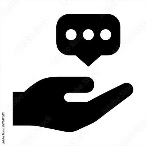 Black silhouette of an open hand holding a speech bubble with three dots indicating conversation or thinking