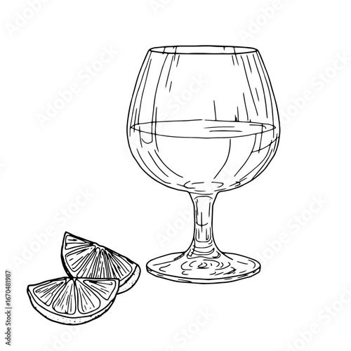 Elegant glass of cognac and lemon slices, black and white sketch. Vector illustration. Classic alcoholic drink isolated on white background. Glass of whiskey or rum, for postcards and printing.