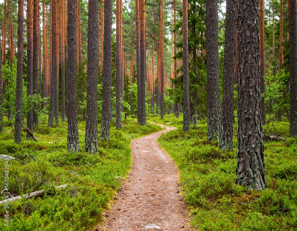 Obraz premium Winding path through a dense pine forest
