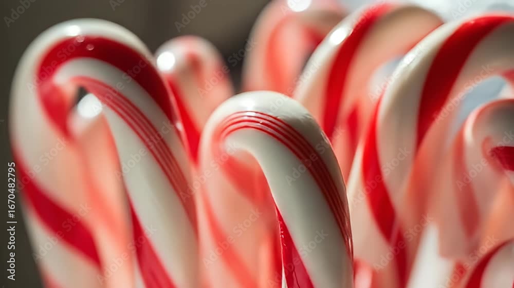 Close-up shows a bundle of red-and-white striped candy canes with a bokeh background