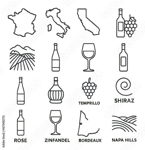 Wine regions and varieties: france, italy, california icons with grapes and wine glasses
