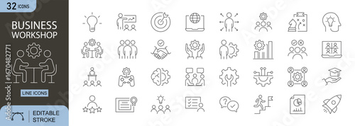 Business Workshop icons set. Includes icons for meeting, teamwork, seminar, discussion, and training. Editable stroke. Line icons. Perfect for infographics.