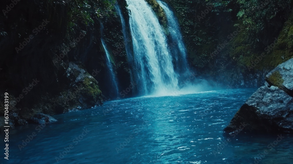 Fototapeta premium Serene waterfall cascading into a vibrant blue pool.