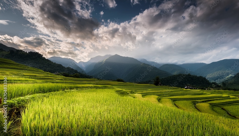 Obraz premium lush green rice paddies stretching towards majestic mountains under dramatic sky