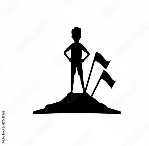 Young person silhouette standing confidently on hilltop symbolizing success isolated on white background