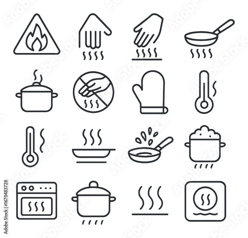 Heat safety icons: cooking, temperature, kitchen tools