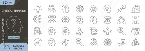 Critical Thinking icons set. Includes icons for brain, mind, analysis, problem-solving, idea, logic, and decision-making. Editable stroke. Line icons. Perfect for infographics.