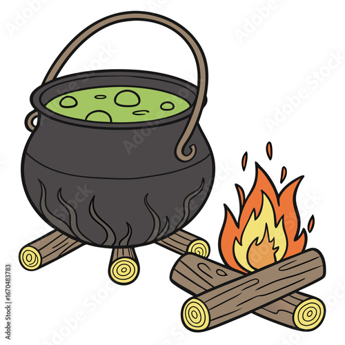 Black cauldron with a handle. The cauldron is resting on three wooden logs and contains a bubbly, green liquid. To the right of the cauldron is a campfire with logs and brightly colored flames.