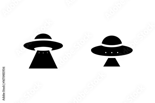 Two Flying Saucer Icons One Beam One Lights alien spaceship