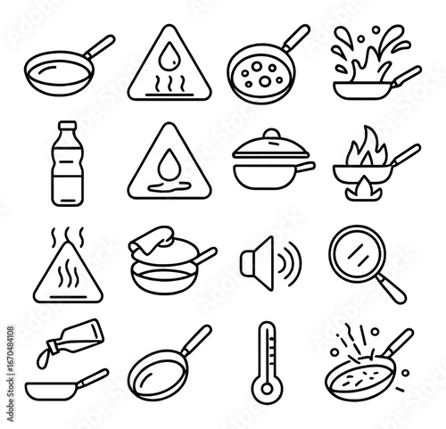 Cooking symbols: pans, bottles, thermometer, steam, fire icons for culinary themes