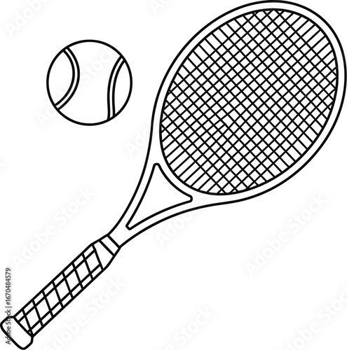 Outline of a tennis racket and ball perfect for coloring book illustrations