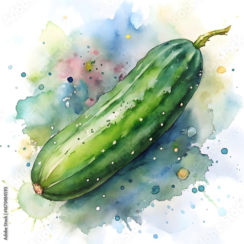 Vibrant watercolor painting of a fresh green cucumber