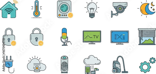 Modern smart home icons for technology convenience and security