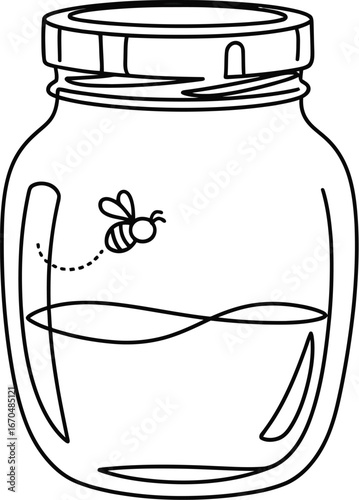 Simple line drawing of a honey jar with a bee flying towards the sweet nectar