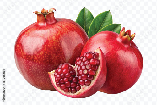 fresh pomegranate with slice and  leaves in different style isolated on transparent background