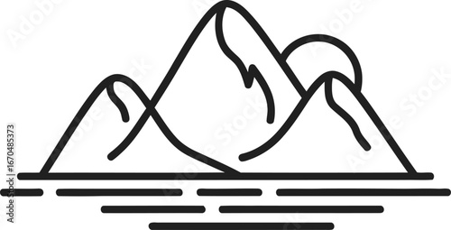 Minimalist mountain range illustration with sun rising over the water surface view