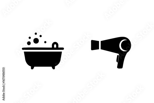 Icons a bathtub with bubbles a hairdryer soap water