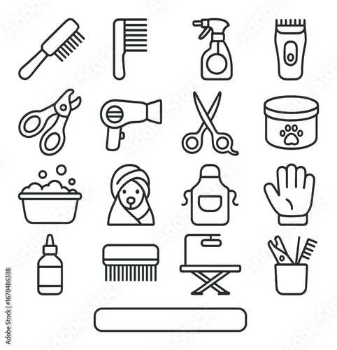 Pet grooming tools outline set: scissors, brush, comb, dryer, clippers, spray