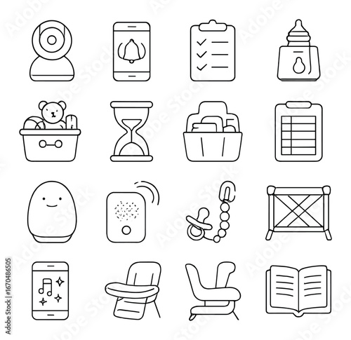 Baby essentials icon set: toys, feeding, and safety illustrations for nursery planning