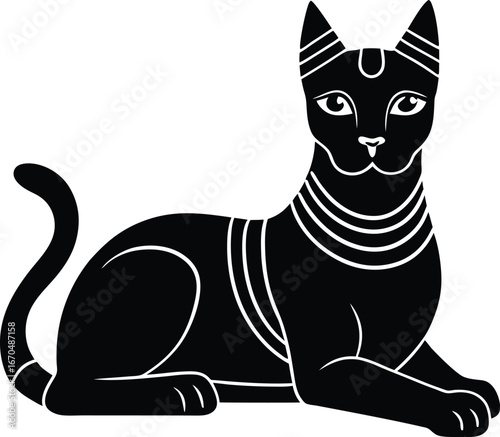 Black Cat Silhouette Black Cat Sitting Calmly with Egyptian Hieroglyphic Patterns, Symbolizing Royalty and Protection