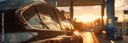 Dark car at a gas station at sunset (1)