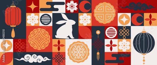 Mid Autumn festival geometric style poster. Horizontal banner with flowers, rabbits, chinese lanterns. Vector illustration