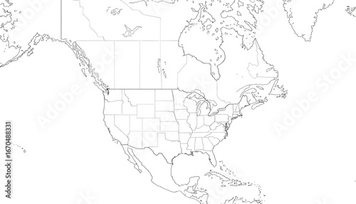 Outline map of North America showing countries and states geographical view