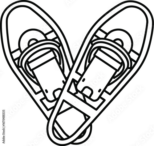 Black and white line drawing of snowshoes for winter outdoor activities.