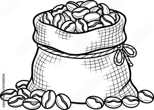 Sketch of a burlap sack filled with coffee beans on a white background design