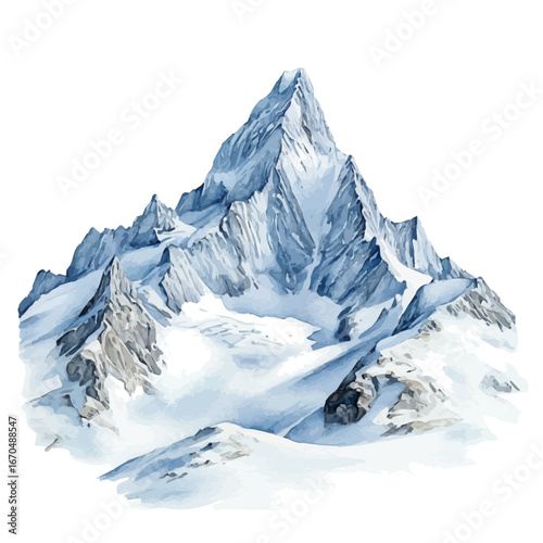 watercolor vector of Snow-covered Mountain, isolated on a white background.