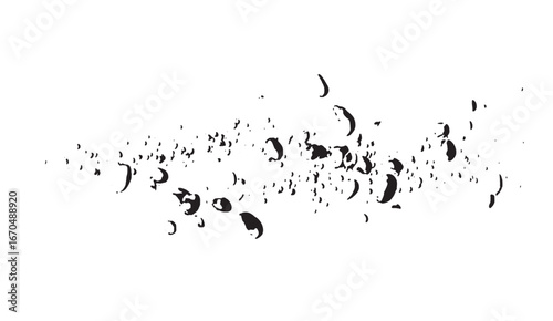 A monochrome pattern of scattered, droplet-shaped designs in varying sizes cascades across a stark white background, creating an artistic splatter effect with a dynamic textural quality