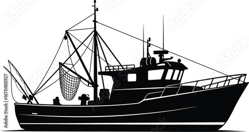 Detailed silhouette of a commercial fishing boat on a white background design