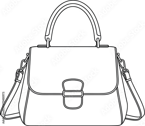 Stylish handbag with a shoulder strap is displayed in a simple line drawing