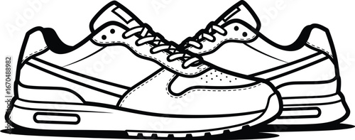 Two athletic sneakers are displayed in a black and white line drawing style art