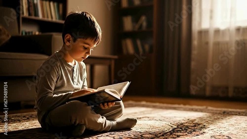 Wallpaper Mural Young boy sitting on the floor reading a book in the living room Torontodigital.ca