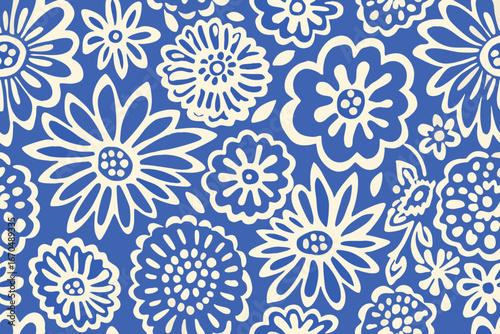 Retro floral pattern with cream flowers on a blue background