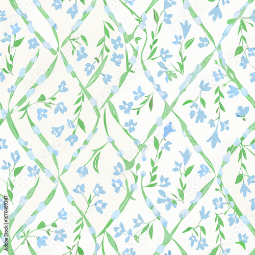 Delicate blue forget me nots and green stems in a woven lattice pattern