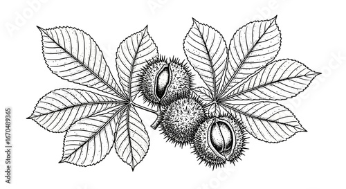 Detailed black and white outline drawing of horse chestnut branch with leaves and spiky fruits on an isolated white background.