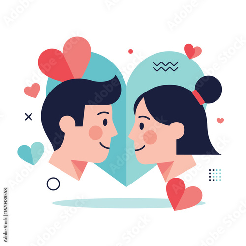 Charming couple celebrating love surrounded by hearts and abstract shapes on valentine's day