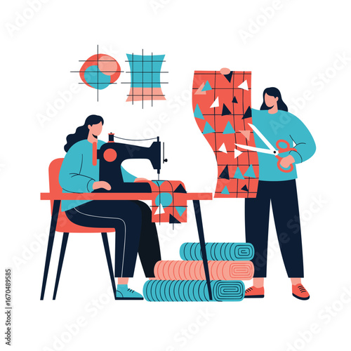Two women crafting textiles together with sewing machine and scissors creating unique apparel designs