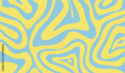 Groovy background with yellow and light blue curved stripes creating a retro 70s aesthetic that evokes a vintage design with a seamless fluid pattern