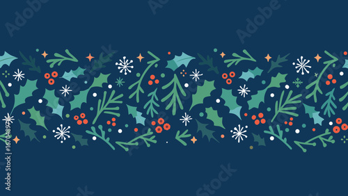 Festive christmas border with holly berries and snowflakes on a dark blue background