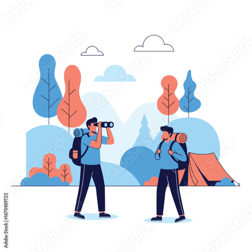 Two hikers with backpacks exploring a mountainous landscape near a tent during daytime