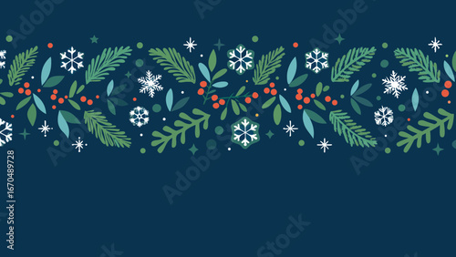 Festive winter border with snowflakes and evergreen branches