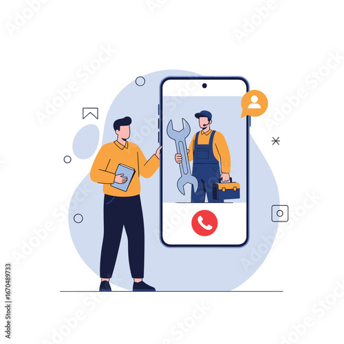 Customer service representative assists client through mobile phone support video call for technical assistance