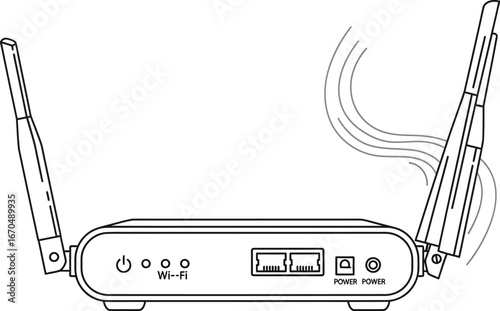 Detailed line drawing of a wireless router with antennas and indicator lights