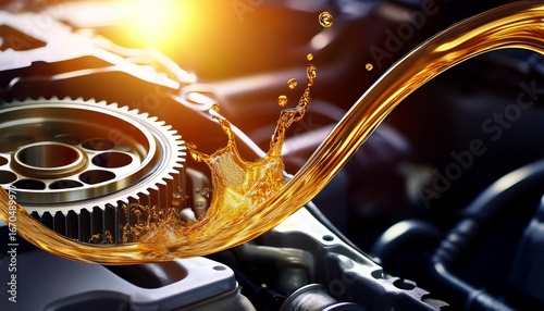automotive oil wave splashing in car engine with lubricant oil concept of lubricate motor oil and gears for engine