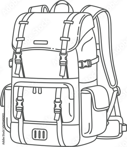 Outline drawing of a hiking backpack with straps and multiple compartments shown